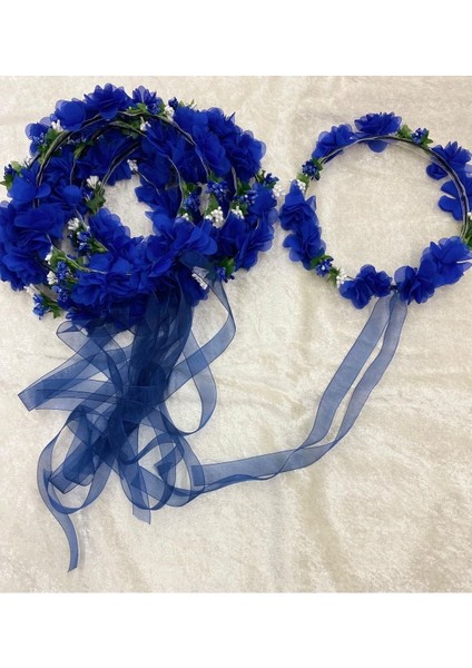 5li Yuvarlak Nedime Tacı Lazer Kesim Çiçekli ve Yapay Cipsolu Kına Nedime Tacı Lacivert