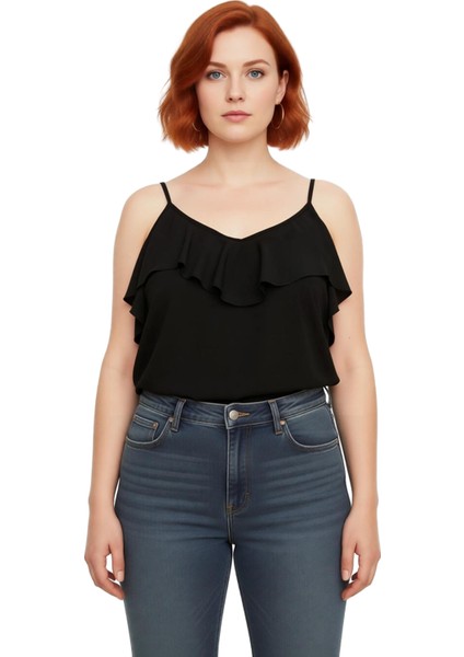 Kadın Büyük Beden V Yaka Ince Askılı Dokuma Volanlı Bluz Günlük Cool Comfort Tarzı Için Ideal modelleri