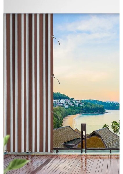 Kahve Beyaz Çizgili Su Geçirmez Kornişli Bağcıklı Balkon Perdesi Branda Enxboy