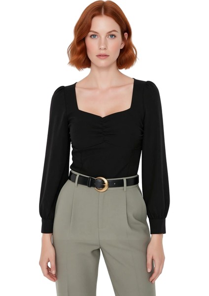 Kadın Kalp Yaka Büzgülü Dokuma Bluz Uzun Kollu ve Fermuarlı Tasarım Kaliteli Şık Rahat modelleri