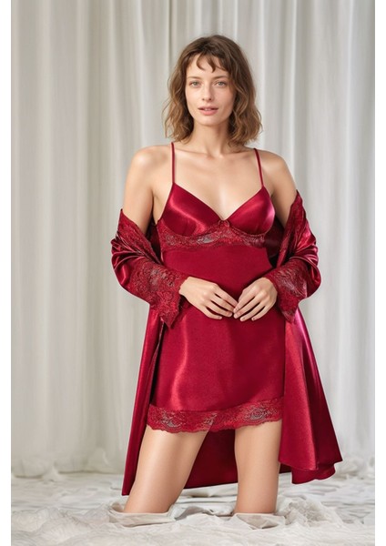 Kadın Bordo Saten Gelin 6'lı Çeyiz Seti Sabahlık & Gecelik & Pijama Şortlu Takım W8U6O1K0KKA fiyatları