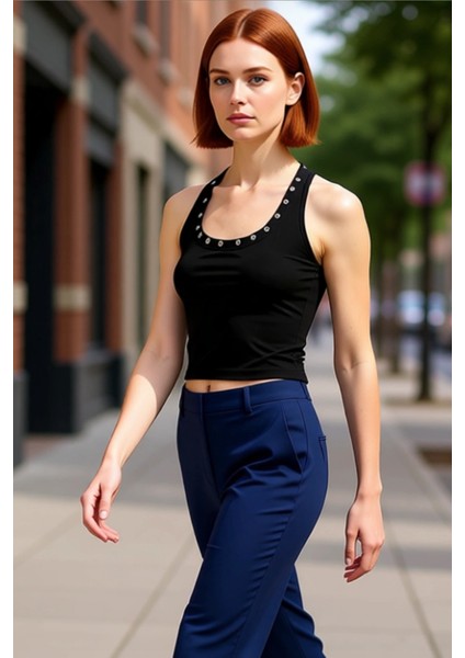 Kuş Gözü Detaylı Boyundan Bağlamalı Esnek Örme Kadın Üstü Kaliteli Şık Rahat Modern Zarif Günlük