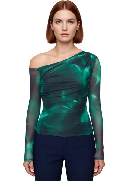 Kadın Gri Astarlı Tül Bluz Asimetrik Yaka Fitted Kalıp Uzun Kollu Regular Boy Yeni Sezon Modası modelleri