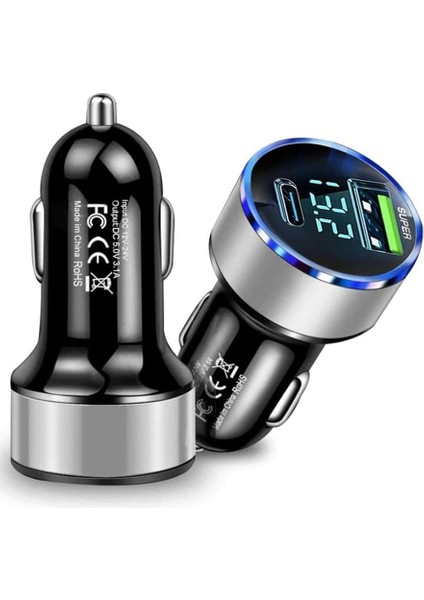 Oto Market Silver Araç Içi USB 3.0 Type C Soketli Çakmaklık Güç Adaptörü Tüm Cihazlar 12V-24V