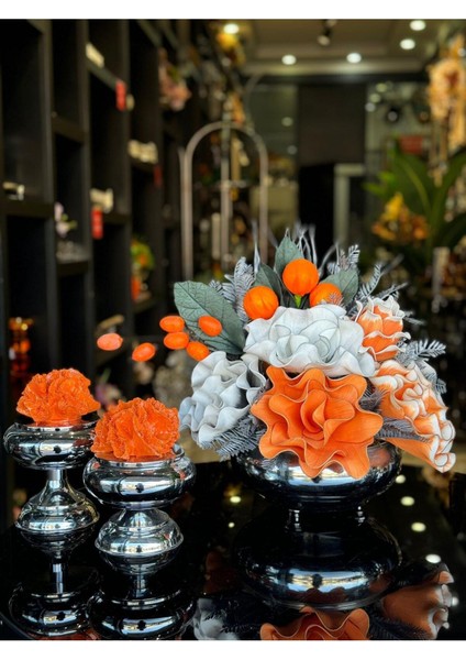 Yapay Çiçekli Gümüş Yassı Vazo 3 Parça Set No:9