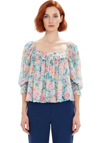 Kadın Çiçek Desenli Kare Yaka Balon Kol Şifon Bluz Kaliteli Şık Rahat Modern Zarif Günlük modelleri