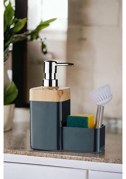 Bambu Desen Kapaklı Hazneli Sıvı Sabunluk Tezgah Üstü Mutfak Banyo Deterjanlık Fırça Sünger Dahil Değildir (Gri)