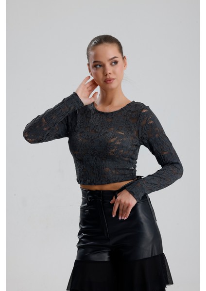 Dantel Uzun Kollu Crop Bluz | BUST36259 Grı