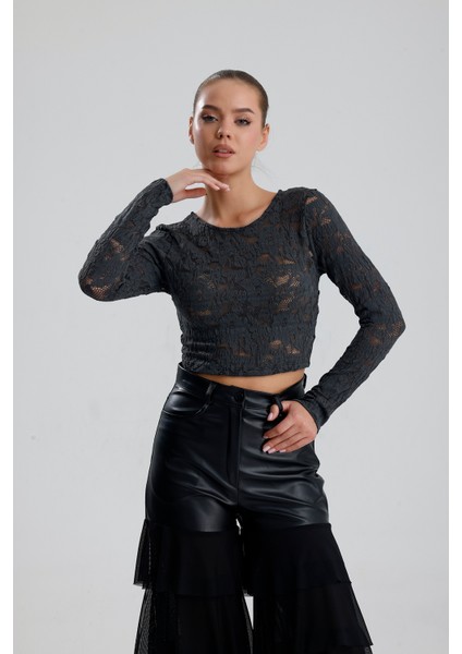 Dantel Uzun Kollu Crop Bluz | BUST36259 Grı modelleri