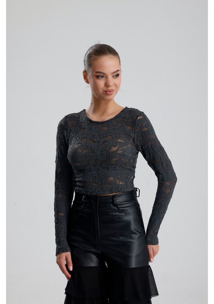 Dantel Uzun Kollu Crop Bluz | BUST36259 Grı