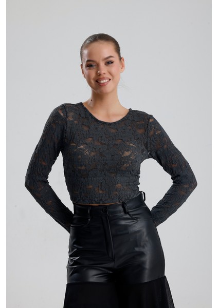 Dantel Uzun Kollu Crop Bluz | BUST36259 Grı