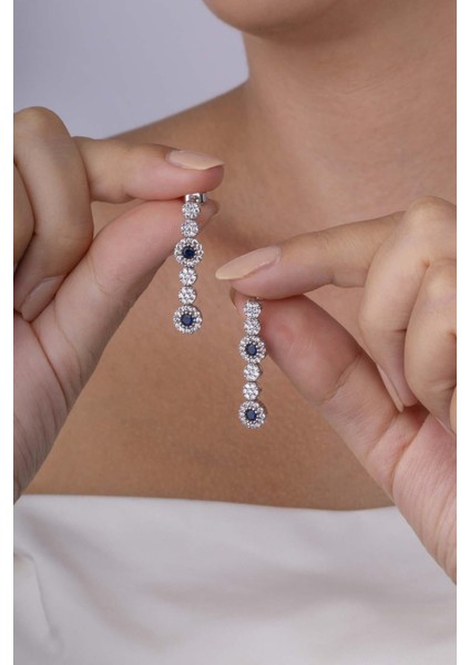 Safir Taşlı Su Yolu Pırlanta Montür Rodyum Kaplama Gümüş Küpe