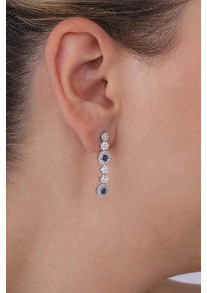 Safir Taşlı Su Yolu Pırlanta Montür Rodyum Kaplama Gümüş Küpe modelleri