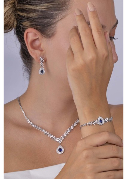 Hürrem Sultan Modeli Safir Taşllı Damla Motifli 925 Ayar Gümüş Set