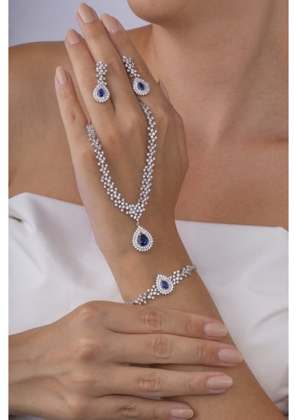 Hürrem Sultan Modeli Safir Taşllı Damla Motifli 925 Ayar Gümüş Set fiyatları