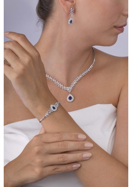Hürrem Sultan Modeli Safir Taşllı Damla Motifli 925 Ayar Gümüş Set modelleri