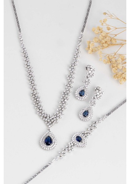 Hürrem Sultan Modeli Safir Taşllı Damla Motifli 925 Ayar Gümüş Set fırsatları