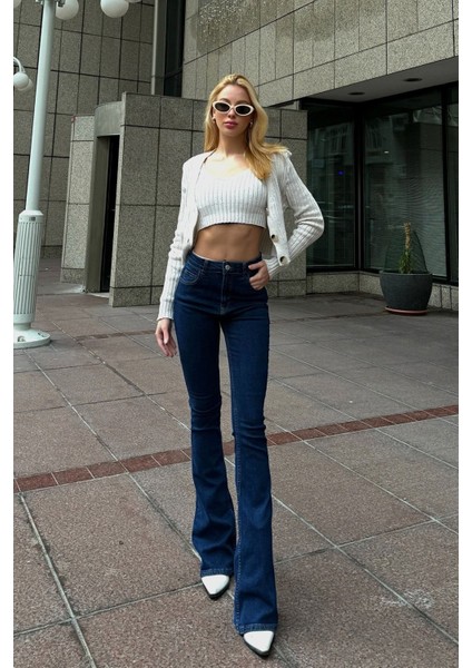 jean Kadınyüksek Bel Lacivert Ispanyolkot Pantolon Likralı Esnek Jeans