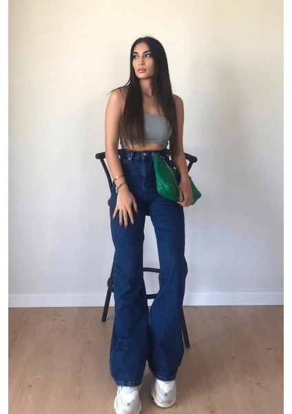 Aide All Star Lacivert Yüksek Bel Bol Paça Denim Kot Pant. Salaş Wide Leg Jean