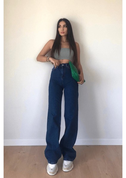 Aide All Star Lacivert Yüksek Bel Bol Paça Denim Kot Pant. Salaş Wide Leg Jean fiyatları
