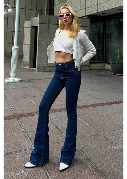 jean Kadınyüksek Bel Lacivert Ispanyolkot Pantolon Likralı Esnek Jeans fiyatları