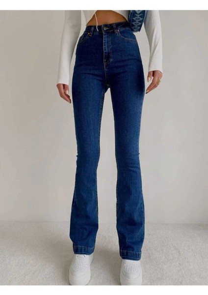 jeanlina Koyu Mavi Ispanyoljeans Yüksek Bel Power Likra Kot Pantolon