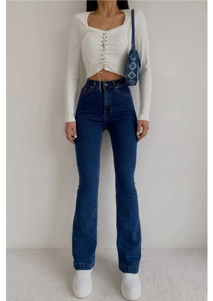 jeanlina Koyu Mavi Ispanyoljeans Yüksek Bel Power Likra Kot Pantolon modelleri