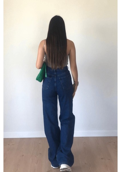 Aide All Star Lacivert Yüksek Bel Bol Paça Denim Kot Pant. Salaş Wide Leg Jean fırsatları