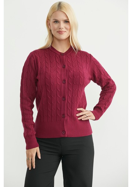 Düğmeli Sıfır Yaka Triko Hırka - Bordo