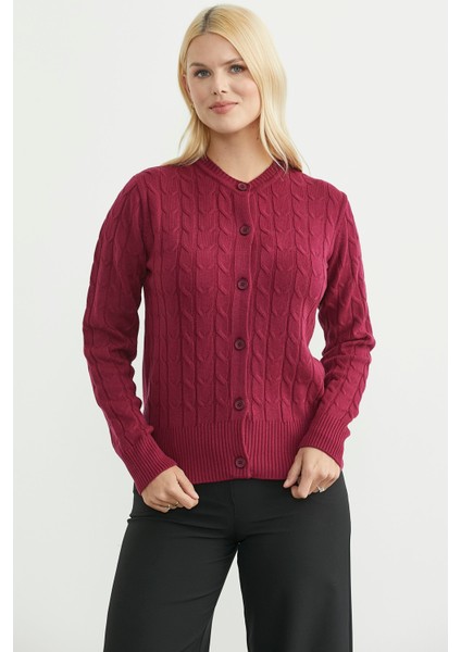 Düğmeli Sıfır Yaka Triko Hırka - Bordo fiyatları