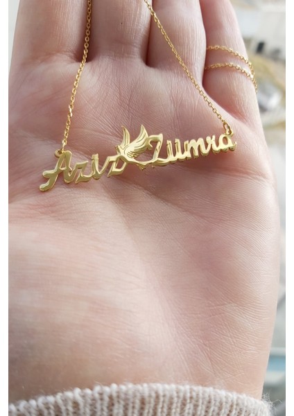 925 Ayar Gümüş 24 Ayar Altın Kaplama 2 Isimli Güvercin Figürlü Kolye