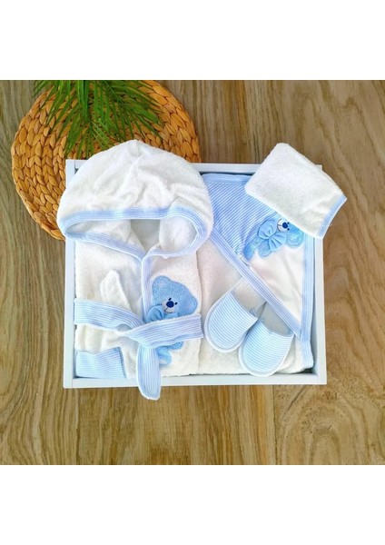 Papyonlu Ayıcık Erkek Bebek Mavi %100 Pamuklu Bornoz Takımı 0-3 Yaş BBK1108