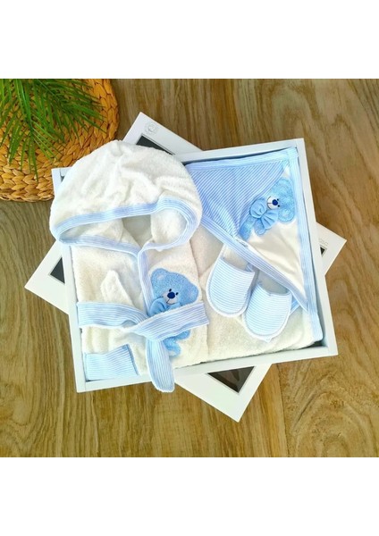 Papyonlu Ayıcık Erkek Bebek Mavi %100 Pamuklu Bornoz Takımı 0-3 Yaş BBK1108 fiyatları