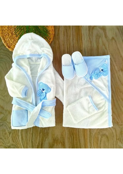 Papyonlu Ayıcık Erkek Bebek Mavi %100 Pamuklu Bornoz Takımı 0-3 Yaş BBK1108 modelleri