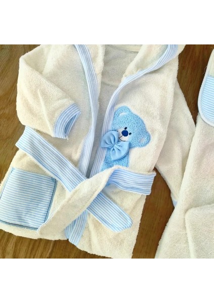 Papyonlu Ayıcık Erkek Bebek Mavi %100 Pamuklu Bornoz Takımı 0-3 Yaş BBK1108 indirimleri