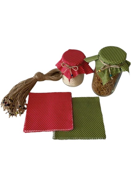 50 Adet Kırmızı ve Yeşil Puantiyeli Kırmızı Kavanoz Kapağı Kumaşı (Örtüsü) ve Boncuklu Bağlama Ipi