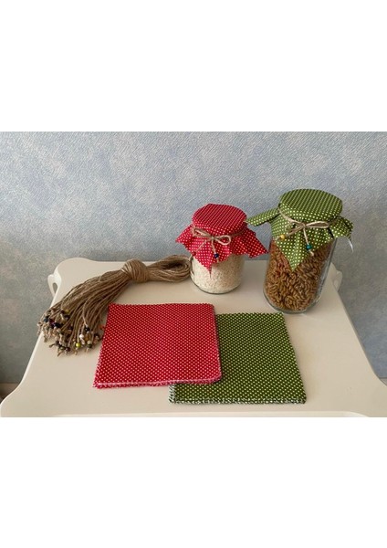 50 Adet Kırmızı ve Yeşil Puantiyeli Kırmızı Kavanoz Kapağı Kumaşı (Örtüsü) ve Boncuklu Bağlama Ipi fırsatları