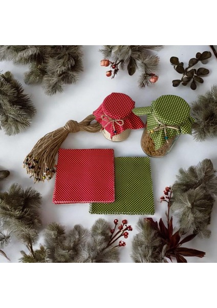 50 Adet Kırmızı ve Yeşil Puantiyeli Kırmızı Kavanoz Kapağı Kumaşı (Örtüsü) ve Boncuklu Bağlama Ipi