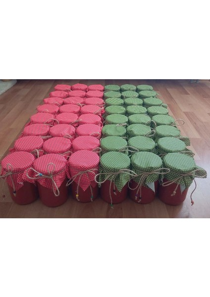 50 Adet Kırmızı ve Yeşil Puantiyeli Kırmızı Kavanoz Kapağı Kumaşı (Örtüsü) ve Boncuklu Bağlama Ipi