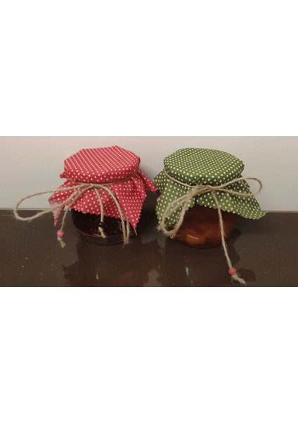 50 Adet Kırmızı ve Yeşil Puantiyeli Kırmızı Kavanoz Kapağı Kumaşı (Örtüsü) ve Boncuklu Bağlama Ipi