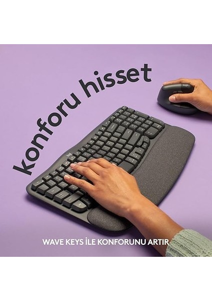 Wave Keys Kablosuz Dolgulu Avuç Içi Destekli Ergonomik Klavye, Konforlu Doğal Yazma, Easy-Switch, Bluetooth, Logi Bolt Alıcı, Çoklu Işletim Sistemleri, Windows/mac Için, Türkçe Q, Siyah modelleri