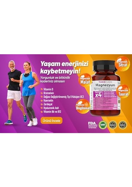 Takecare 4xmagnezyum, D Vitamini, Vitamin B6 ve B12, Doğası Değiştirilmemiş Tip 2 Kollajen, Kuersetin, Zerdeçal Ekstresi ve Bromelain Içeren 30 Tablet fiyatları