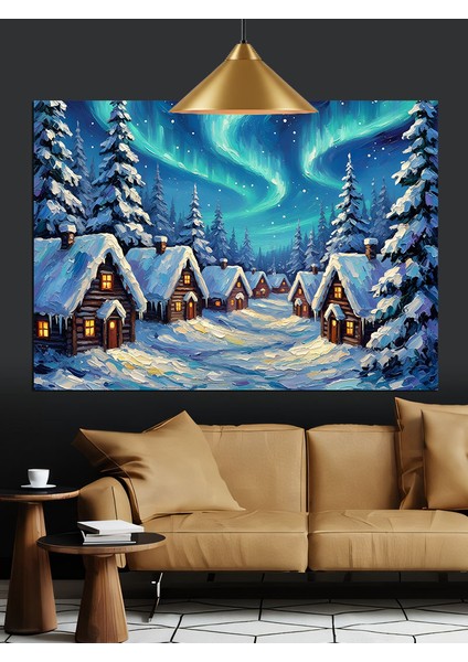 Kuzey Işıkları Kış Karlı Gece Dekoratif Kanvas - Mdf Ahşap Tablo