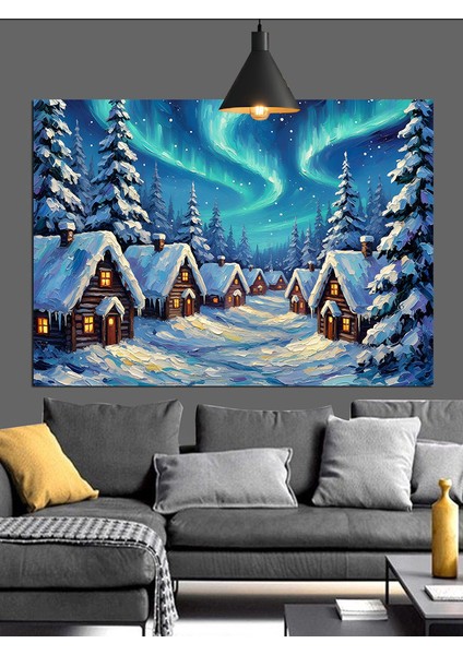 Kuzey Işıkları Kış Karlı Gece Dekoratif Kanvas - Mdf Ahşap Tablo fiyatları
