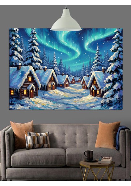 Kuzey Işıkları Kış Karlı Gece Dekoratif Kanvas - Mdf Ahşap Tablo modelleri