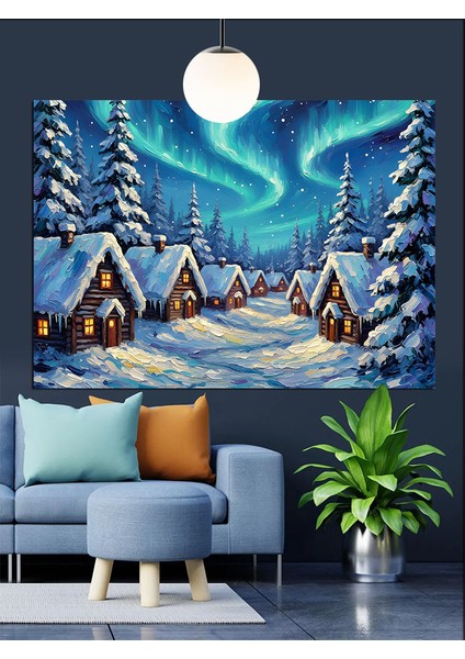 Kuzey Işıkları Kış Karlı Gece Dekoratif Kanvas - Mdf Ahşap Tablo indirimleri
