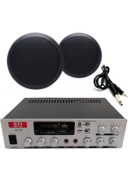 2’li Siyah Tavan Hoparlörlü 100V Anfi Ses Sistemi | Kafe Mağaza Ofis Müzik Seti