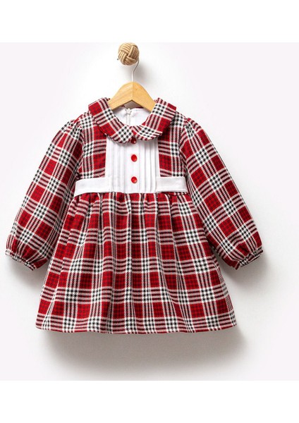 CV-7289 Kız Çocuk Peter Pan Yaka, Düğme ve Plise Detaylı Ön Tasarımlı Vintage Ekose Elbise