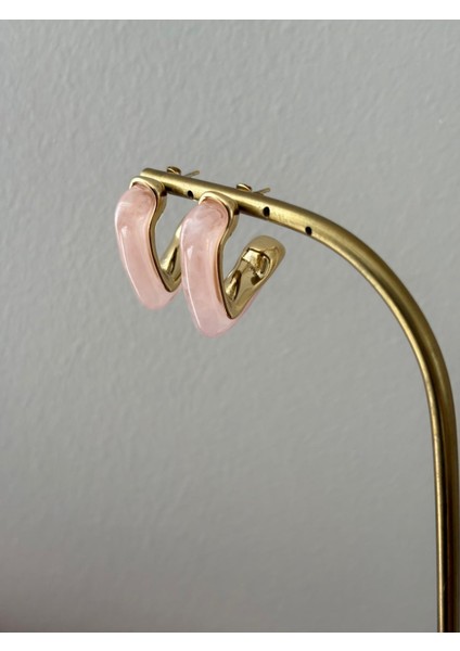 Pembe Mineli Üçgen Model Gold Çelik Küpe