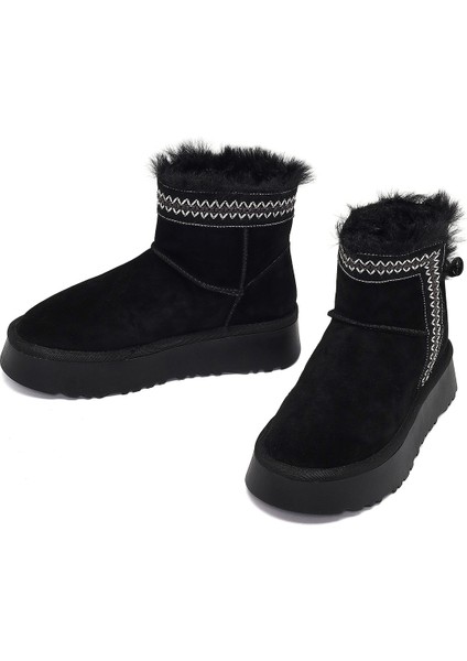 Kadın Siyah Kalın Tabanlı Desenli Süet Deri Teddy Bot 25WFD405410 modelleri